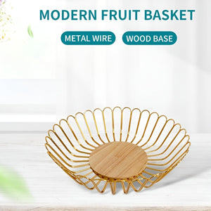 Bakul Buah Emas, CARHOMECROP, Mangkuk Dawai Logam Besar, dengan Kaki Kayu, untuk Penyimpanan Buah-buahan Segar dan Sayur-sayuran