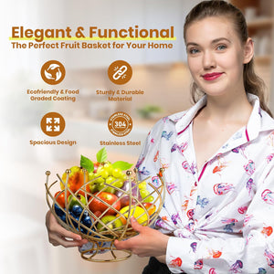 Bakul Buah Dawai, CARHOMECROP, untuk Kaunter Dapur, Reka Bentuk Emas Elegan, Aliran Udara Baik, Sesuai untuk Buah-buahan Segar