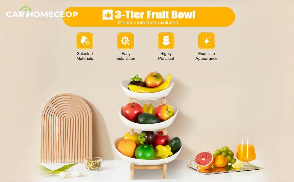 Bakul Buah Seramik, CARHOMECROP, 3 Tingkat, Rak Warna Pepejal Elegan, dengan Pendirian Kayu Buluh, untuk Kaunter Dapur