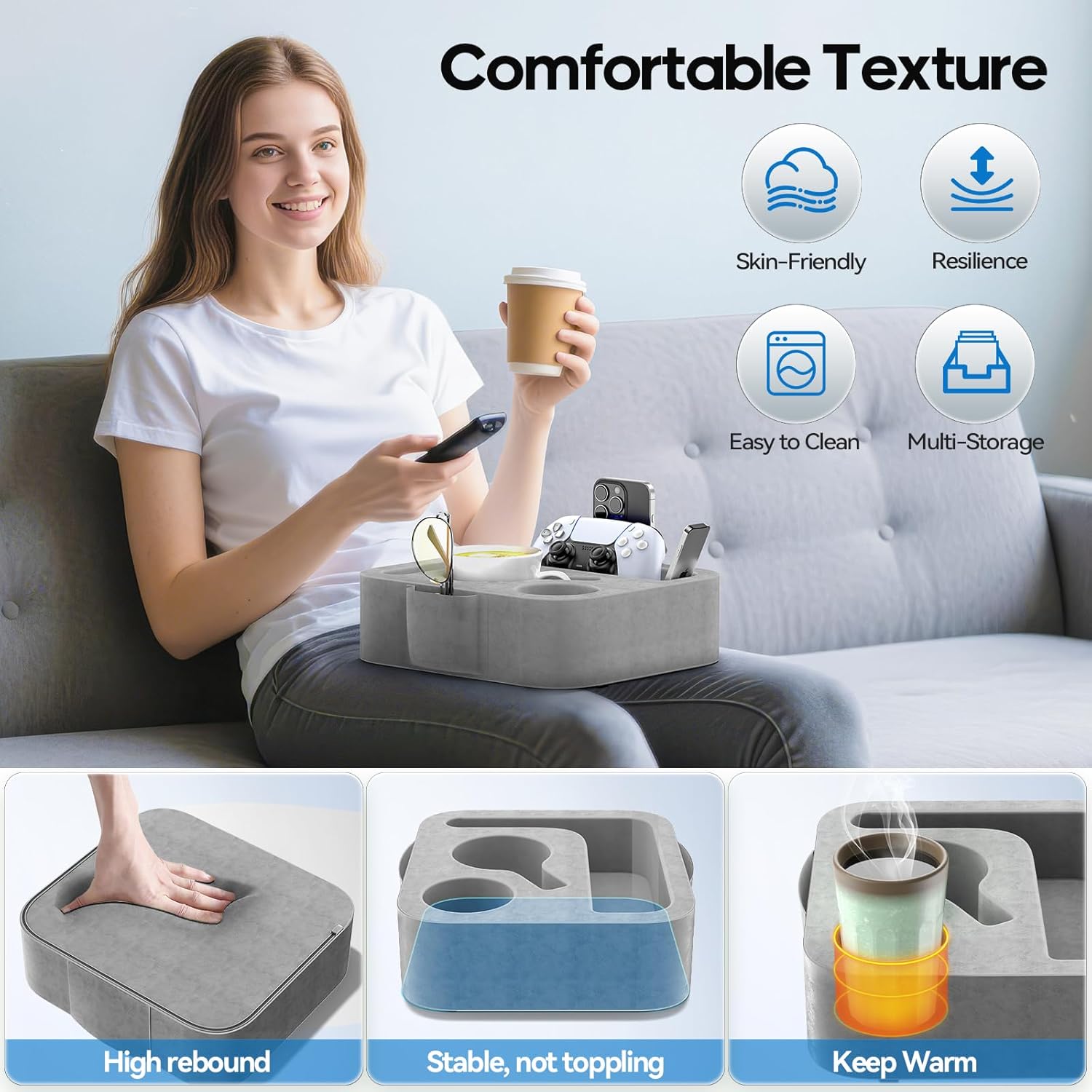 Bantal Pemegang Cawan Sofa, Caddy Serbaguna, Sesuai untuk iPad, Kindle, Alat Kawalan Permainan dan Minuman, Sesuai untuk Sofa, Katil dan Kereta