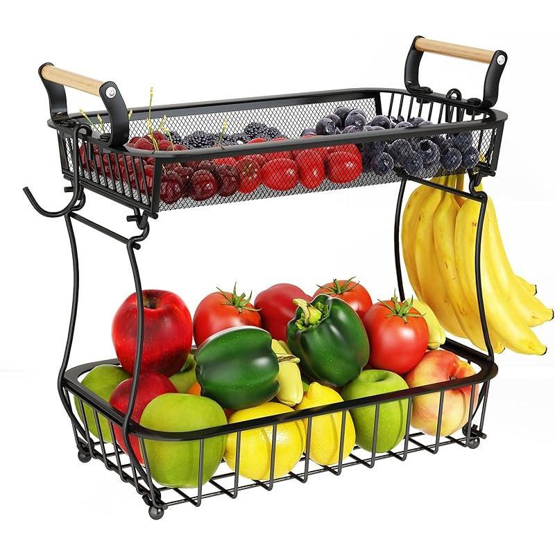 Bakul Buah 2 Tingkat, dengan 2 Penyangkut Pisang, Pendirian Wayar Logam, untuk Penyimpanan Kaunter Dapur Supplies