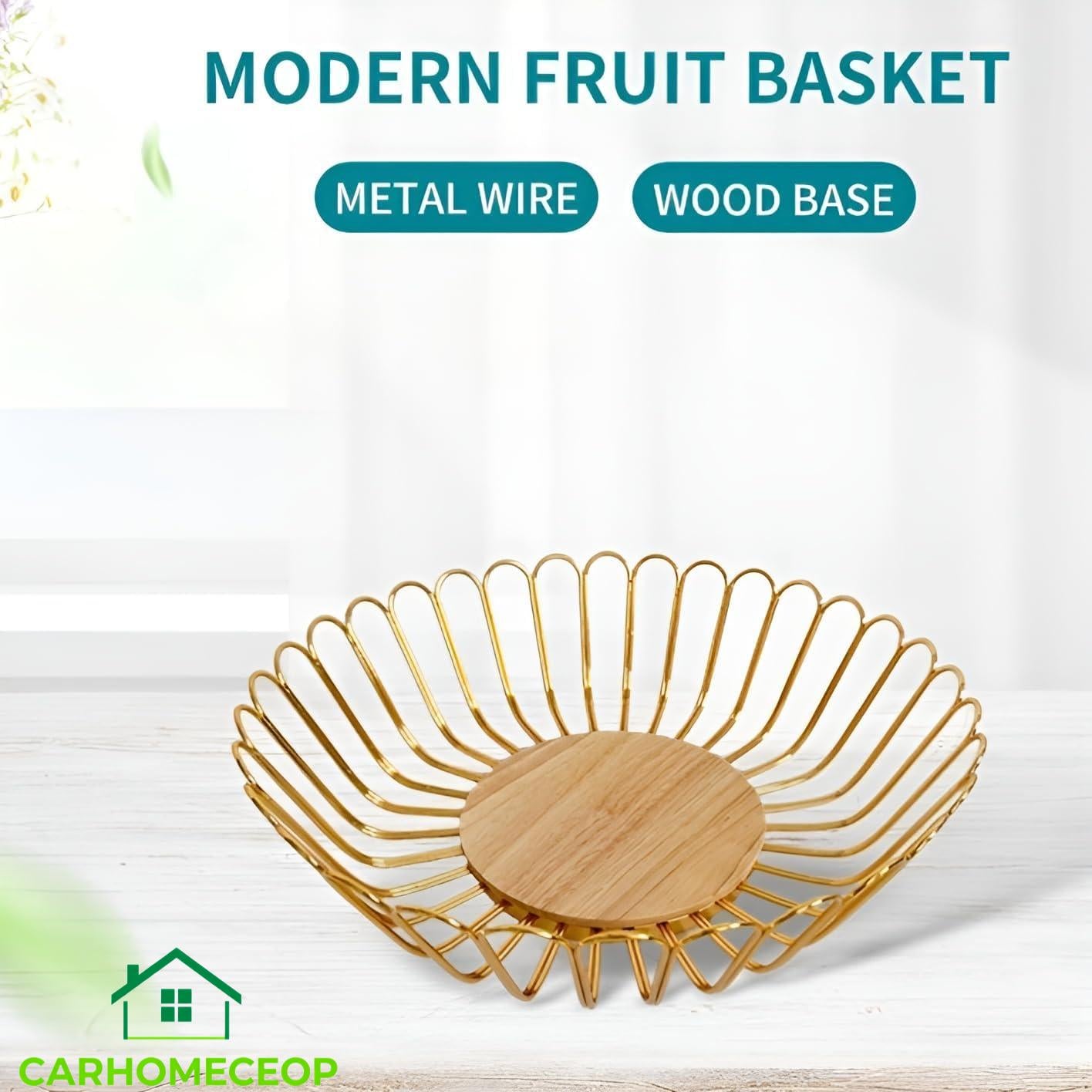 Bakul Buah Emas, CARHOMECROP, Mangkuk Dawai Logam Besar, dengan Kaki Kayu, untuk Penyimpanan Buah-buahan Segar dan Sayur-sayuran