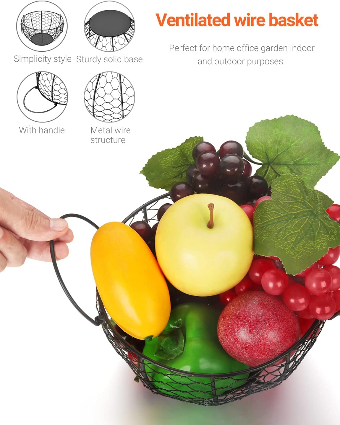 Bakul Dawai Bulat, CARHOMECROP, Pemegang Buah Hitam Bergaya, untuk Dapur dan Penyimpanan Rumah