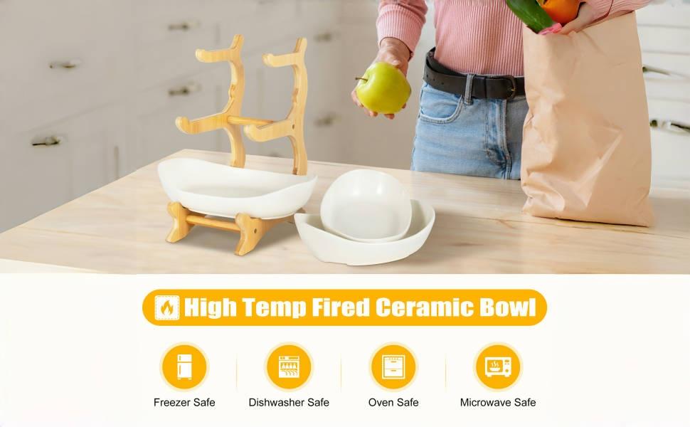 Bakul Buah Seramik, CARHOMECROP, 3 Tingkat, Rak Warna Pepejal Elegan, dengan Pendirian Kayu Buluh, untuk Kaunter Dapur