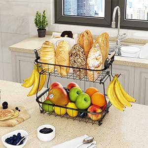 Bakul Buah 2 Tingkat, dengan 2 Penyangkut Pisang, Pendirian Wayar Logam, untuk Penyimpanan Kaunter Dapur Supplies