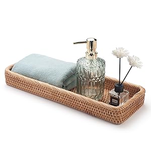 Bakul Penyimpanan Rotan, Lebar Sempit, Sesuai untuk Dulang Solek Bilik Mandi, untuk Tuala Tangan, Penyusun Hiasan, Warna Alamiah