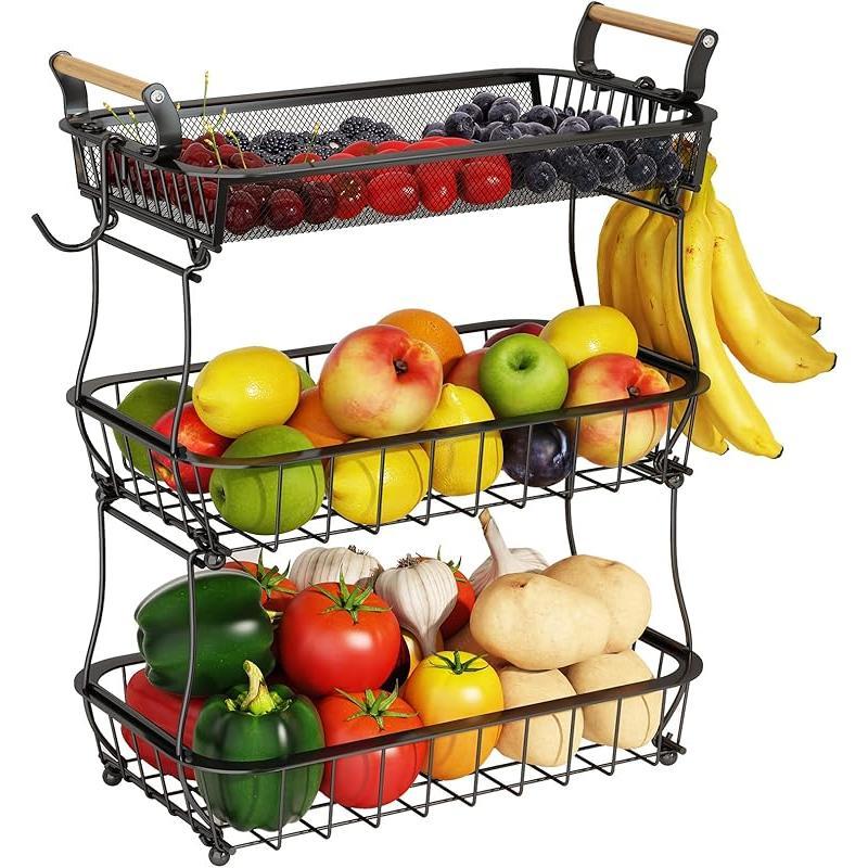 Bakul Buah 2 Tingkat, dengan 2 Penyangkut Pisang, Pendirian Wayar Logam, untuk Penyimpanan Kaunter Dapur Supplies