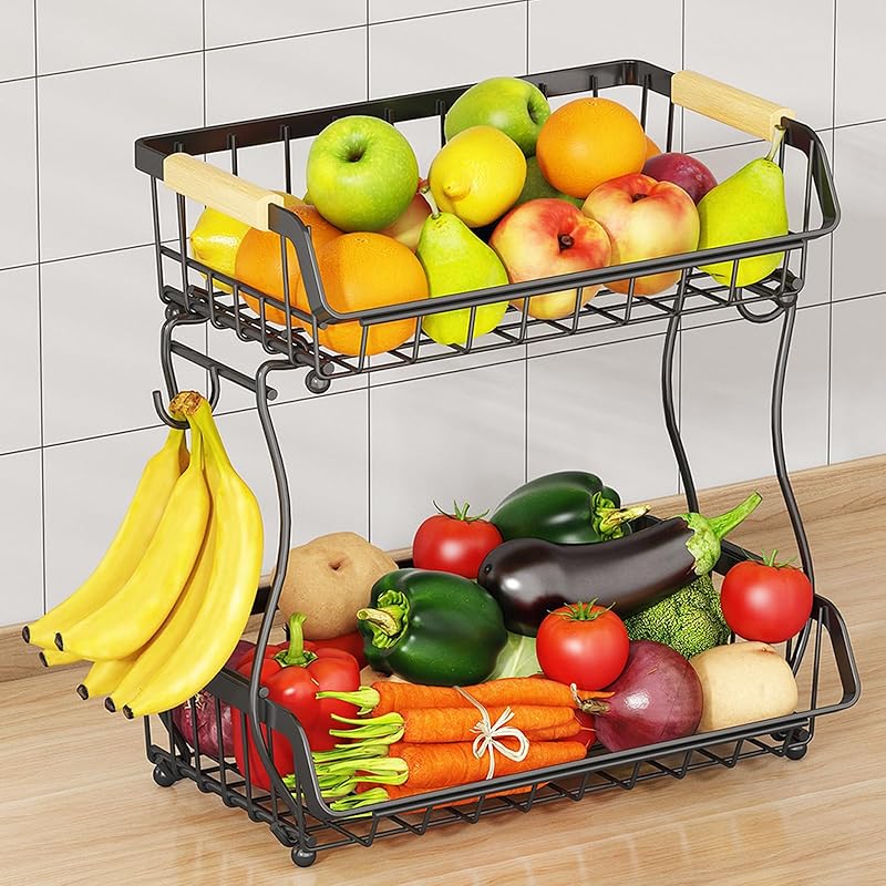 Bakul Buah 2 Tingkat, dengan 2 Penyangkut Pisang, Pendirian Wayar Logam, untuk Penyimpanan Kaunter Dapur Supplies