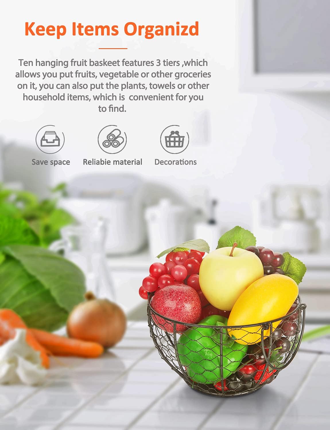 Bakul Dawai Bulat, CARHOMECROP, Pemegang Buah Hitam Bergaya, untuk Dapur dan Penyimpanan Rumah