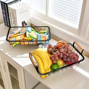Bakul Buah 2 Tingkat, dengan 2 Penyangkut Pisang, Pendirian Wayar Logam, untuk Penyimpanan Kaunter Dapur Supplies
