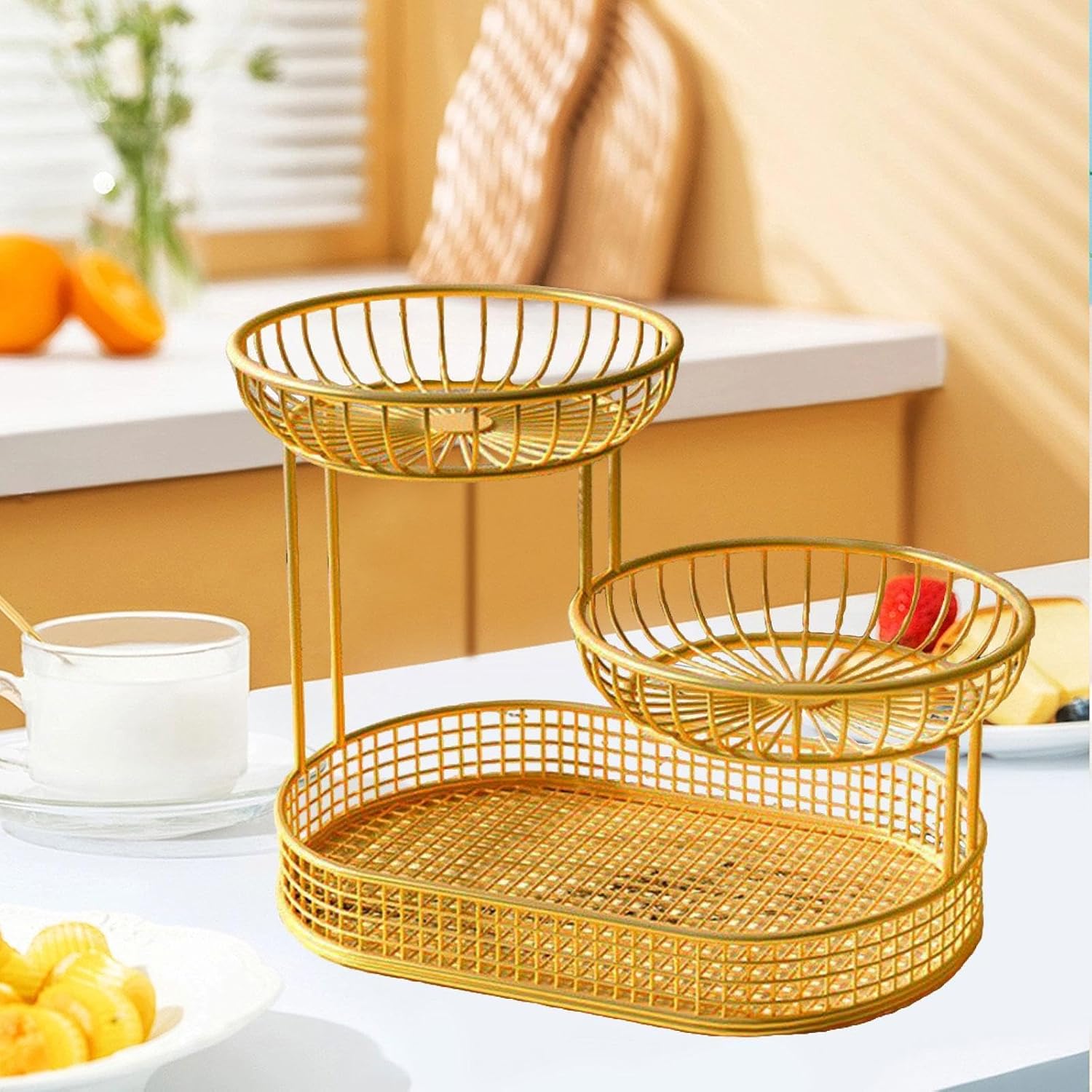 Bakul Buah, CARHOMECROP, 3 Tingkat, Rak Penyimpanan Logam Elegan, untuk Kaunter Dapur dan Hiasan Meja