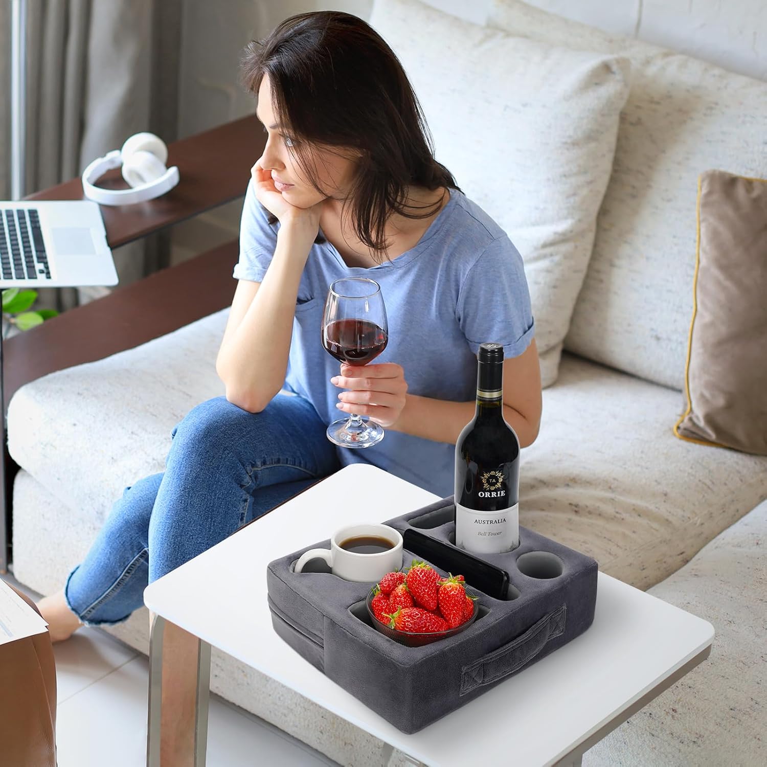 Bantal Pemegang Cawan Sofa, CARHOMECROP, Rakan Selesa, dengan Pemegang Tablet dan Dulang Minuman Kalis Air, Sesuai untuk Kegunaan Rumah dan Luaran