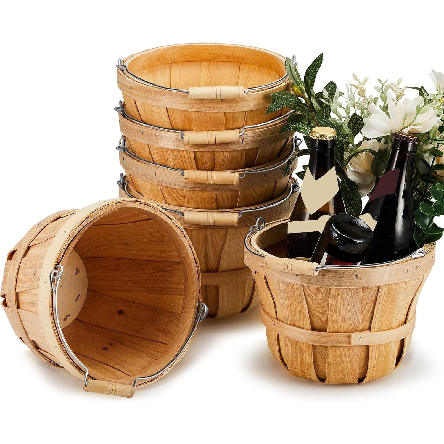 Bakul Buah Kayu Bulat, CARHOMECROP, 6 Pek, Baldi Bushel Kecil, dengan Pemegang, Sesuai untuk Hadiah dan Hiasan