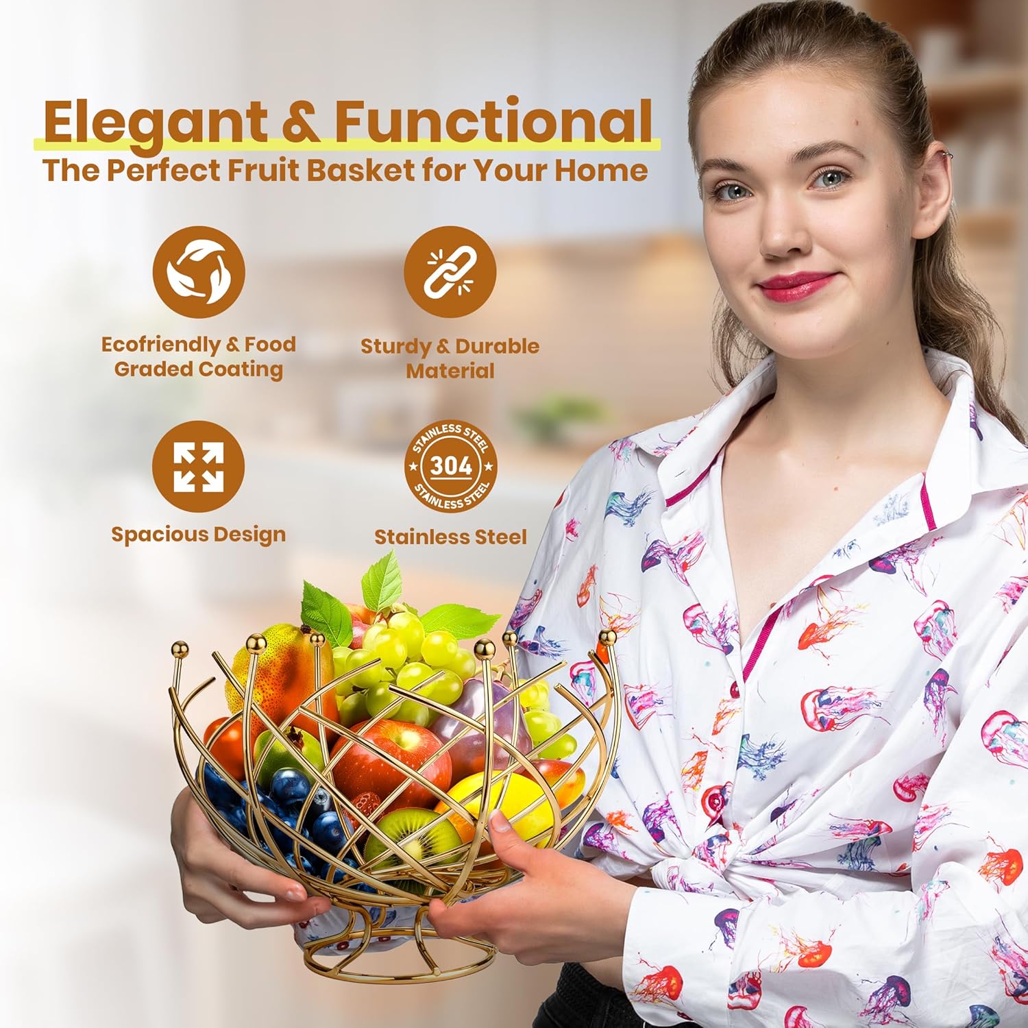 Bakul Buah Dawai, CARHOMECROP, untuk Kaunter Dapur, Reka Bentuk Emas Elegan, Aliran Udara Baik, Sesuai untuk Buah-buahan Segar