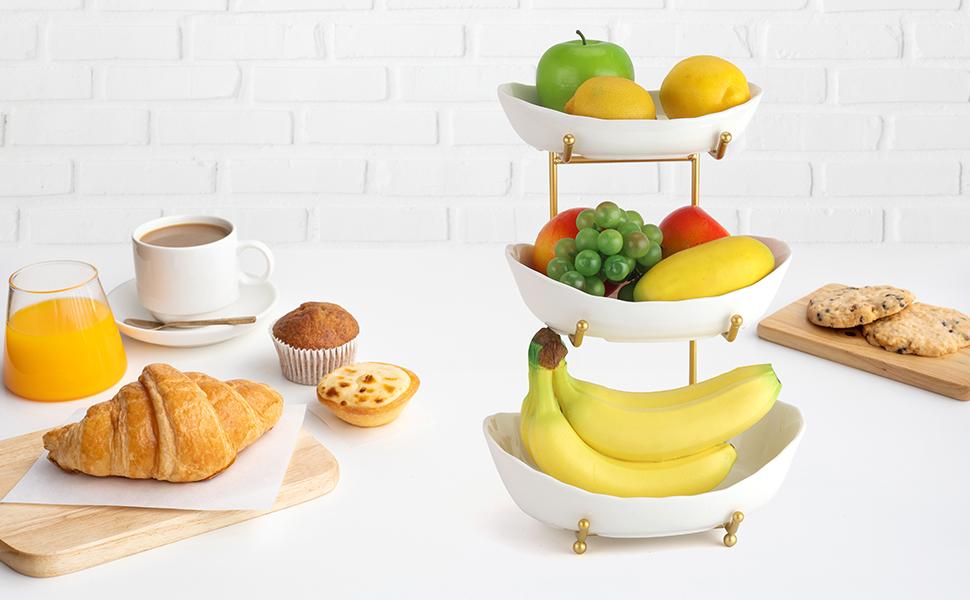 Bakul Mangkuk Buah Seramik, CARHOMECROP, 3 Tingkat, Tempat Duduk Logam Emas Elegan, untuk Kaunter Dapur, Sesuai untuk Makanan Ringan dan Pencuci Mulut