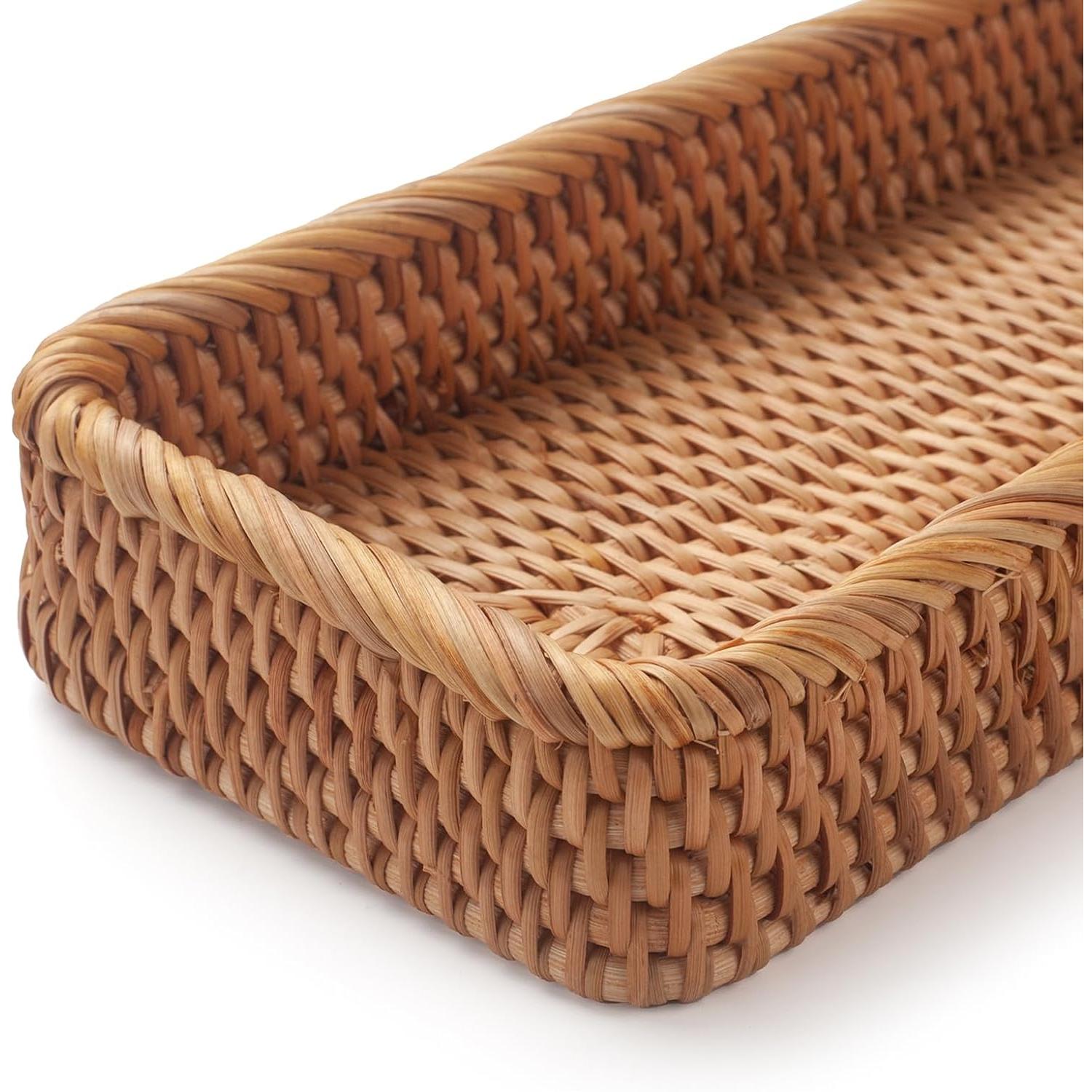 Bakul Penyimpanan Rotan, Lebar Sempit, Sesuai untuk Dulang Solek Bilik Mandi, untuk Tuala Tangan, Penyusun Hiasan, Warna Alamiah