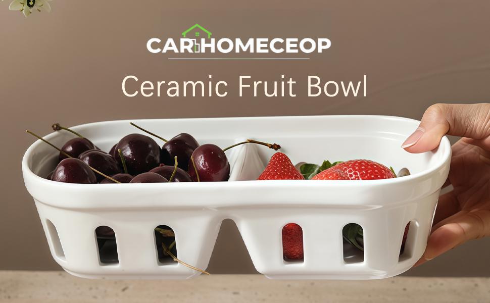 Bakul Beri Seramik, CARHOMECROP, Mangkuk Buah Segi Empat 2-dalam-1 dengan Lubang, Sesuai untuk Beri dan Buah-buahan Kecil