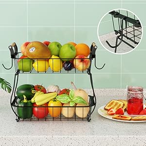 Bakul Buah 2 Tingkat, dengan 2 Penyangkut Pisang, Pendirian Wayar Logam, untuk Penyimpanan Kaunter Dapur Supplies