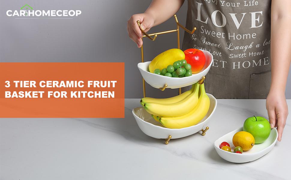 Bakul Mangkuk Buah Seramik, CARHOMECROP, 3 Tingkat, Tempat Duduk Logam Emas Elegan, untuk Kaunter Dapur, Sesuai untuk Makanan Ringan dan Pencuci Mulut