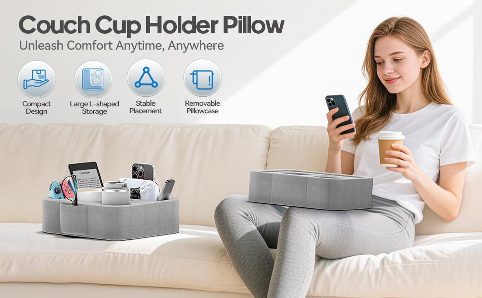Bantal Pemegang Cawan Sofa, Caddy Serbaguna, Sesuai untuk iPad, Kindle, Alat Kawalan Permainan dan Minuman, Sesuai untuk Sofa, Katil dan Kereta
