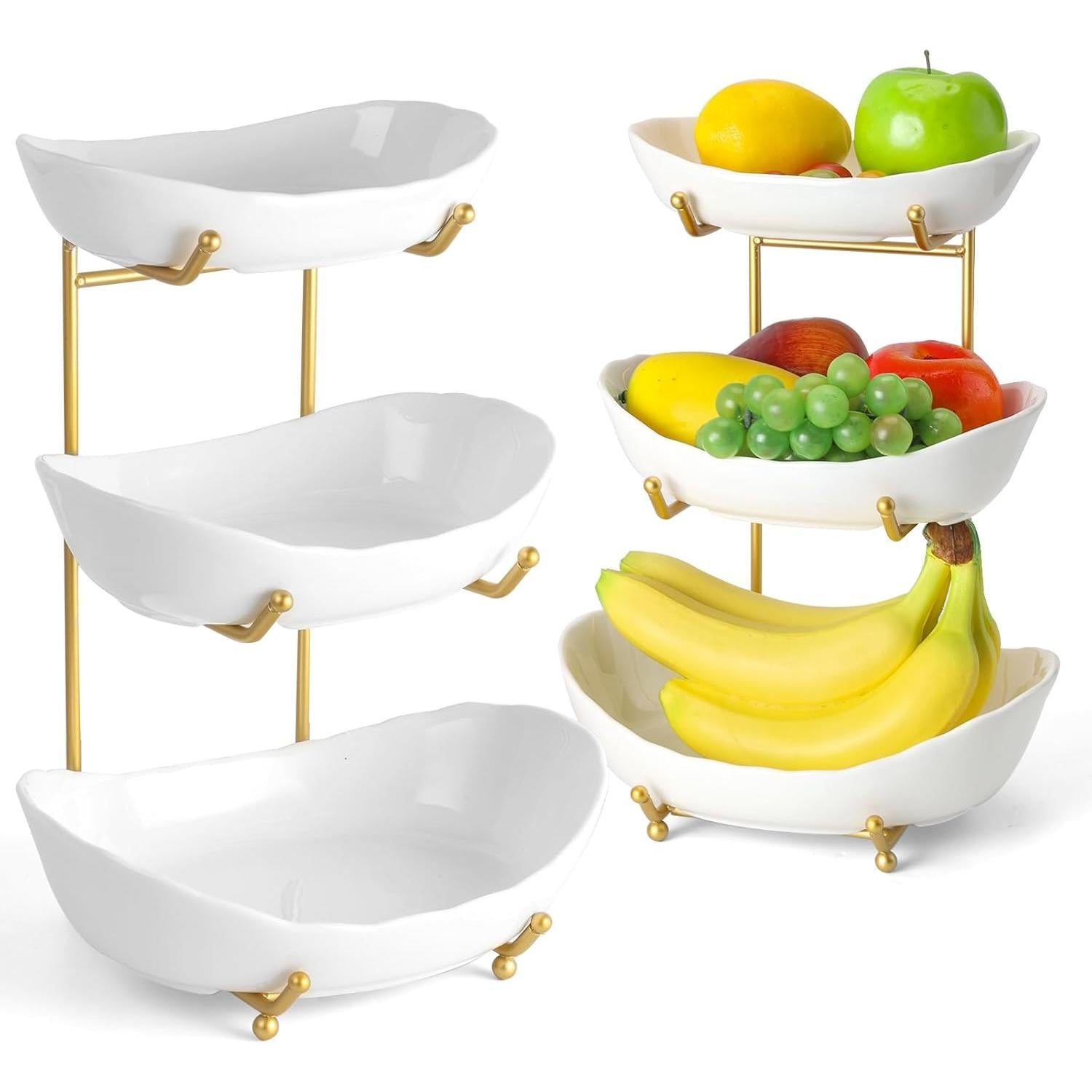 Bakul Mangkuk Buah Seramik, CARHOMECROP, 3 Tingkat, Tempat Duduk Logam Emas Elegan, untuk Kaunter Dapur, Sesuai untuk Makanan Ringan dan Pencuci Mulut