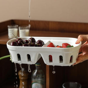 Bakul Beri Seramik, CARHOMECROP, Mangkuk Buah Segi Empat 2-dalam-1 dengan Lubang, Sesuai untuk Beri dan Buah-buahan Kecil