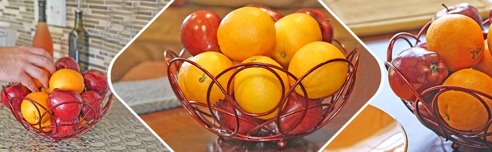 Bakul Buah Bulat, CARHOMECROP, Mangkuk Merah Berkilat Hiasan, untuk Kaunter Dapur, Diameter 10.38-Inci