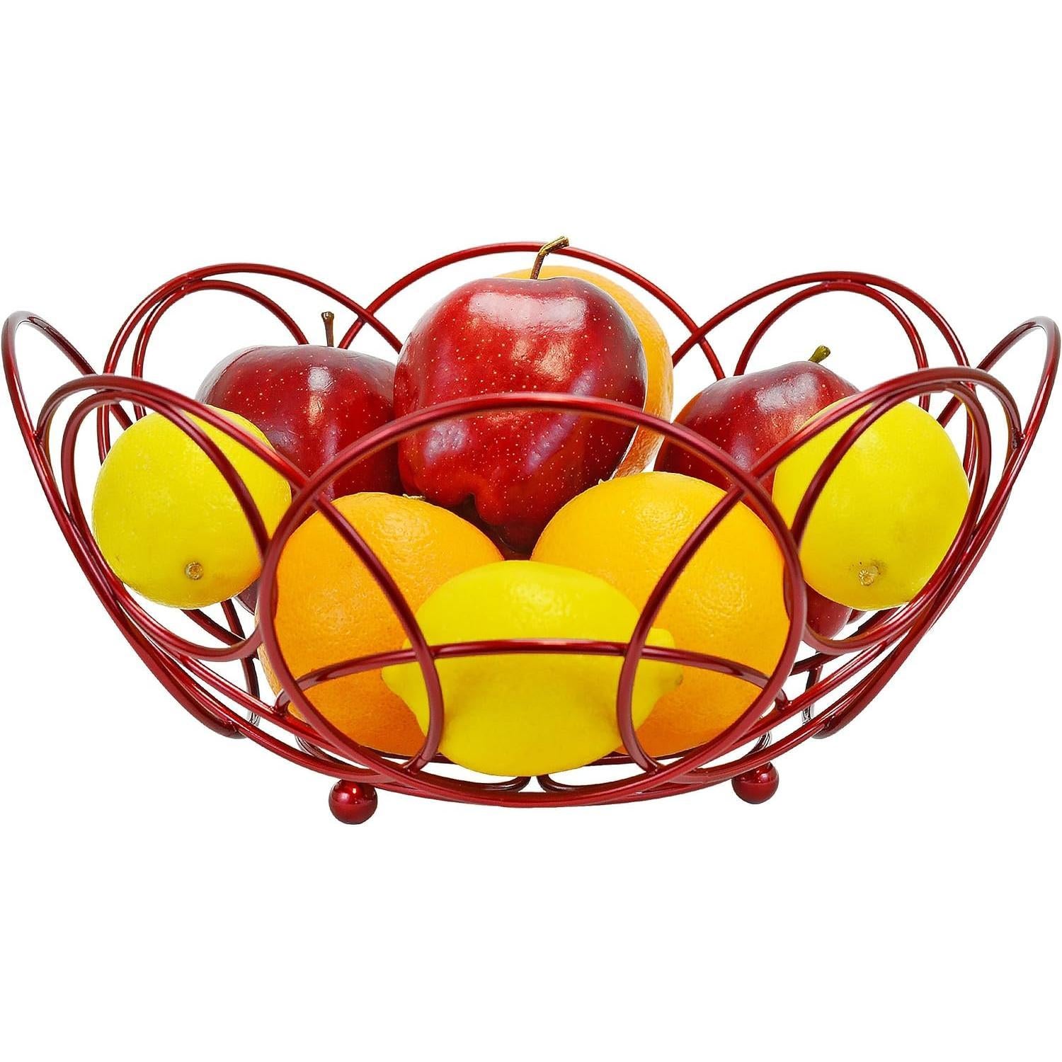 Bakul Buah Bulat, CARHOMECROP, Mangkuk Merah Berkilat Hiasan, untuk Kaunter Dapur, Diameter 10.38-Inci