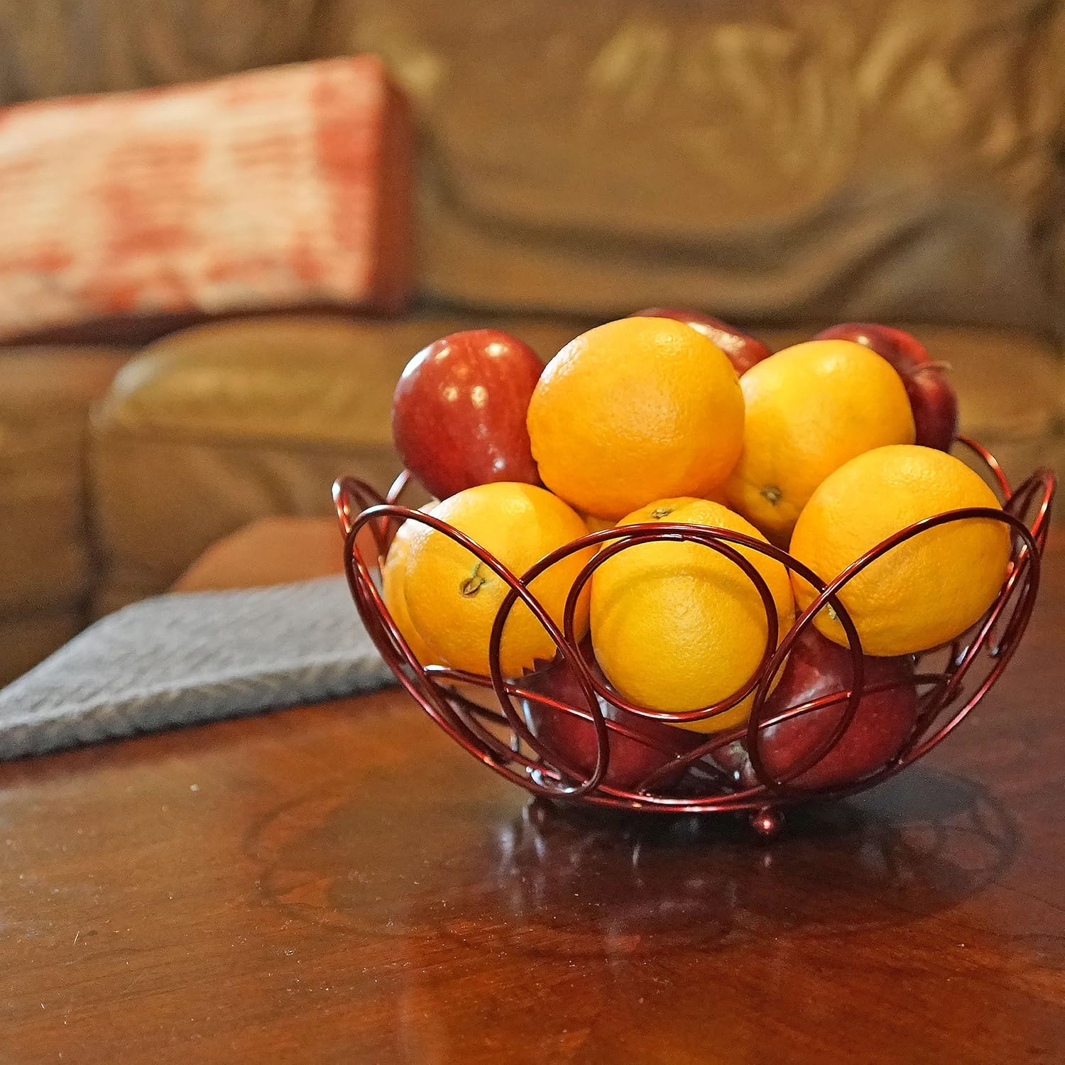 Bakul Buah Bulat, CARHOMECROP, Mangkuk Merah Berkilat Hiasan, untuk Kaunter Dapur, Diameter 10.38-Inci