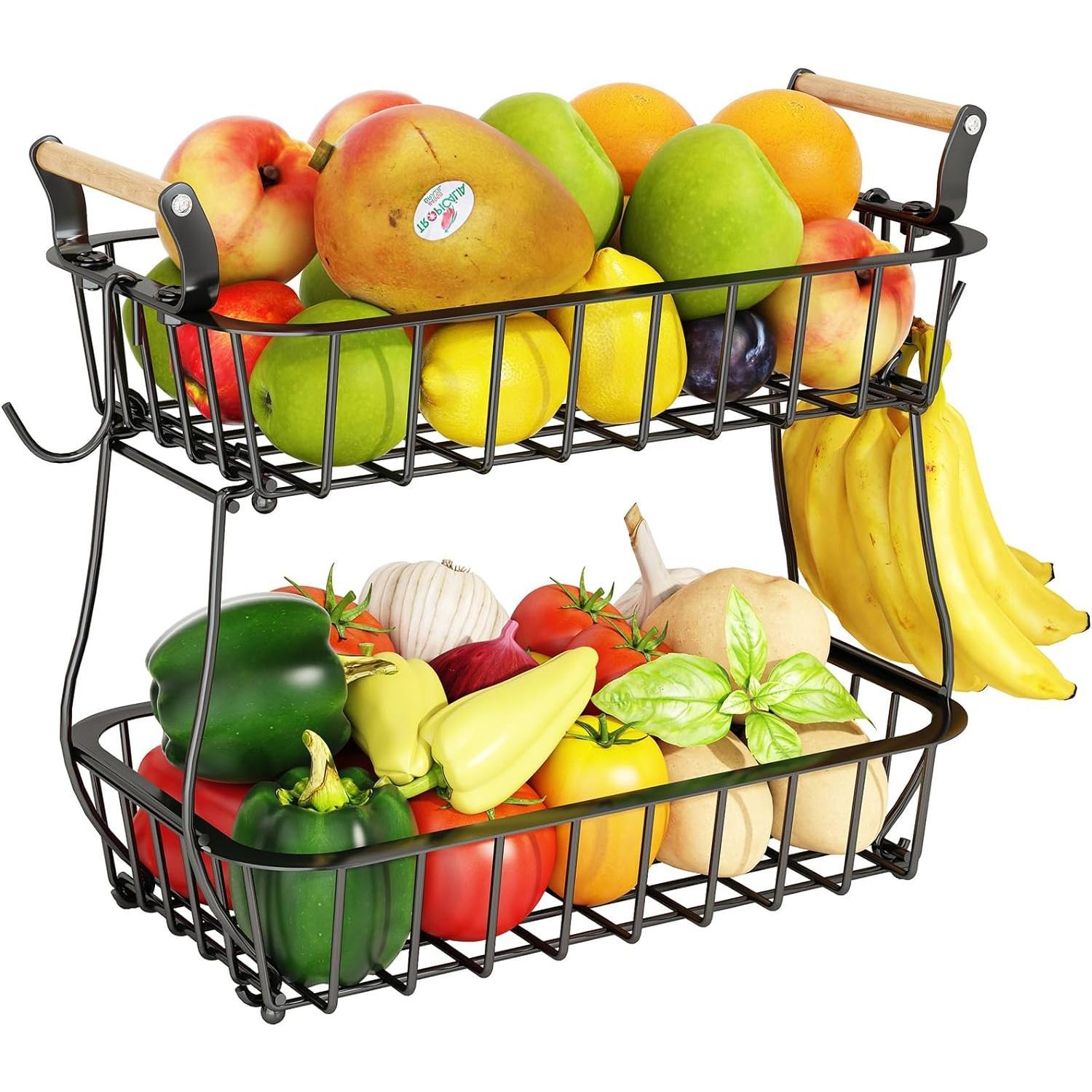 Bakul Buah 2 Tingkat, dengan 2 Penyangkut Pisang, Pendirian Wayar Logam, untuk Penyimpanan Kaunter Dapur Supplies