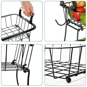 Bakul Buah 2 Tingkat, dengan 2 Penyangkut Pisang, Pendirian Wayar Logam, untuk Penyimpanan Kaunter Dapur Supplies