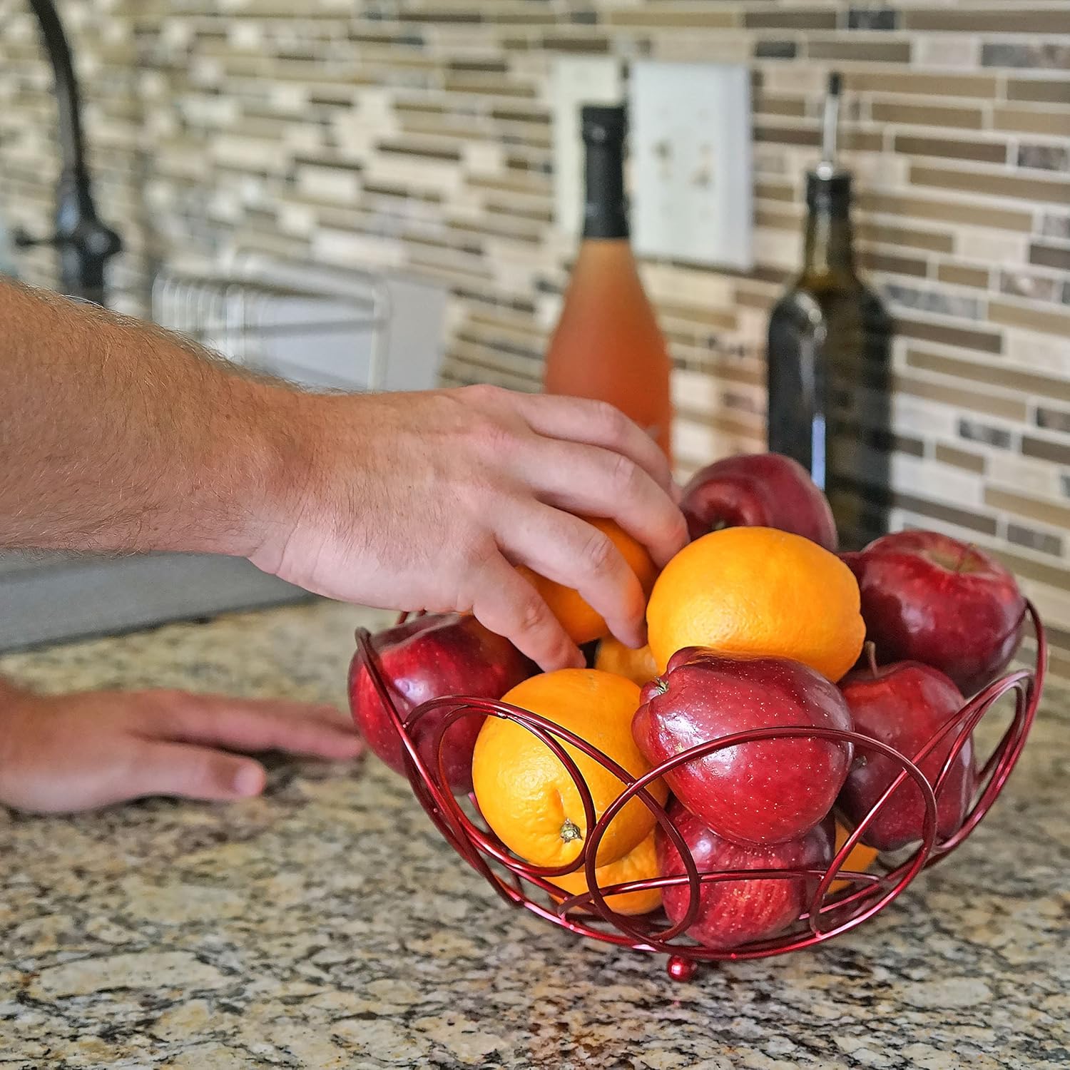 Bakul Buah Bulat, CARHOMECROP, Mangkuk Merah Berkilat Hiasan, untuk Kaunter Dapur, Diameter 10.38-Inci