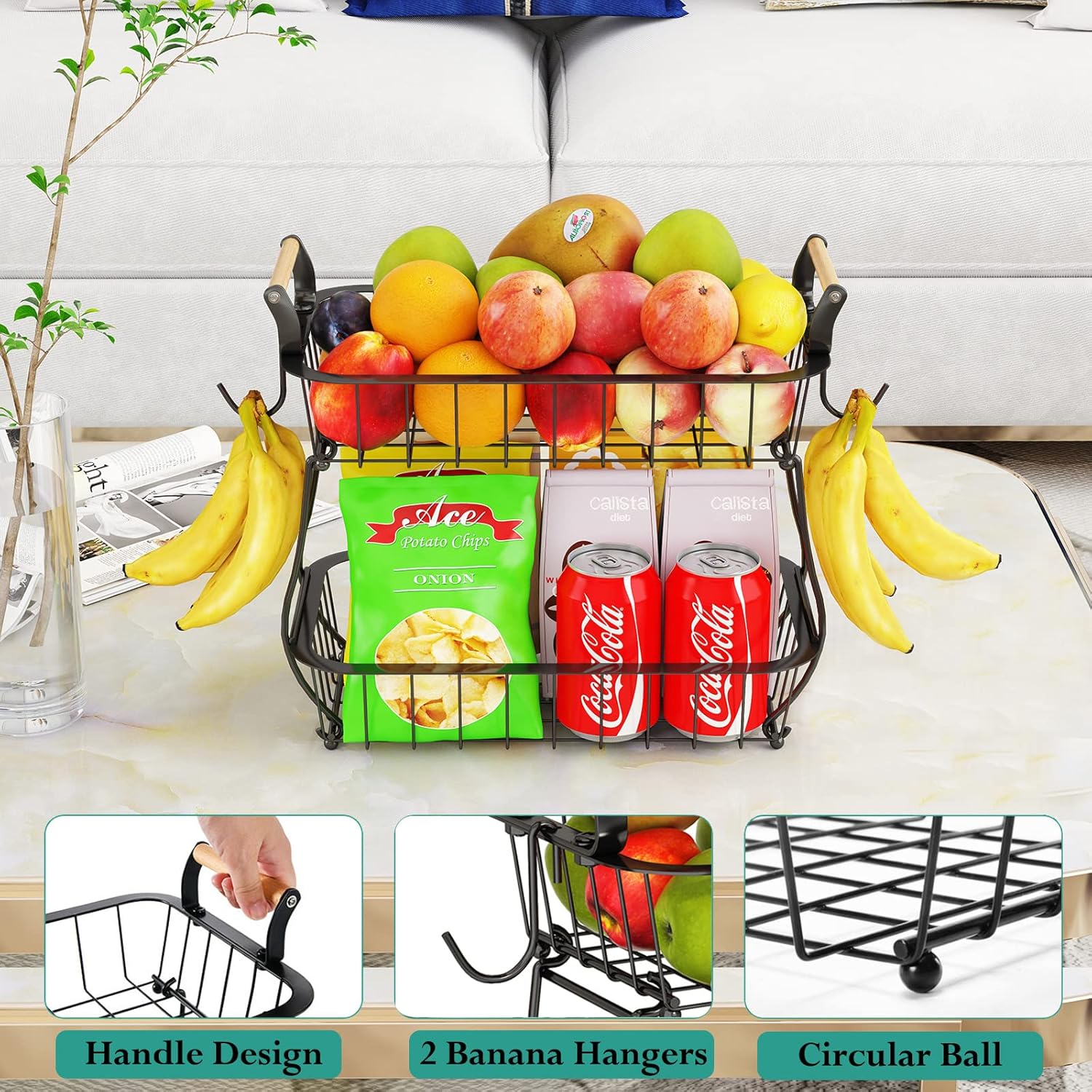 Bakul Buah 2 Tingkat, dengan 2 Penyangkut Pisang, Pendirian Wayar Logam, untuk Penyimpanan Kaunter Dapur Supplies