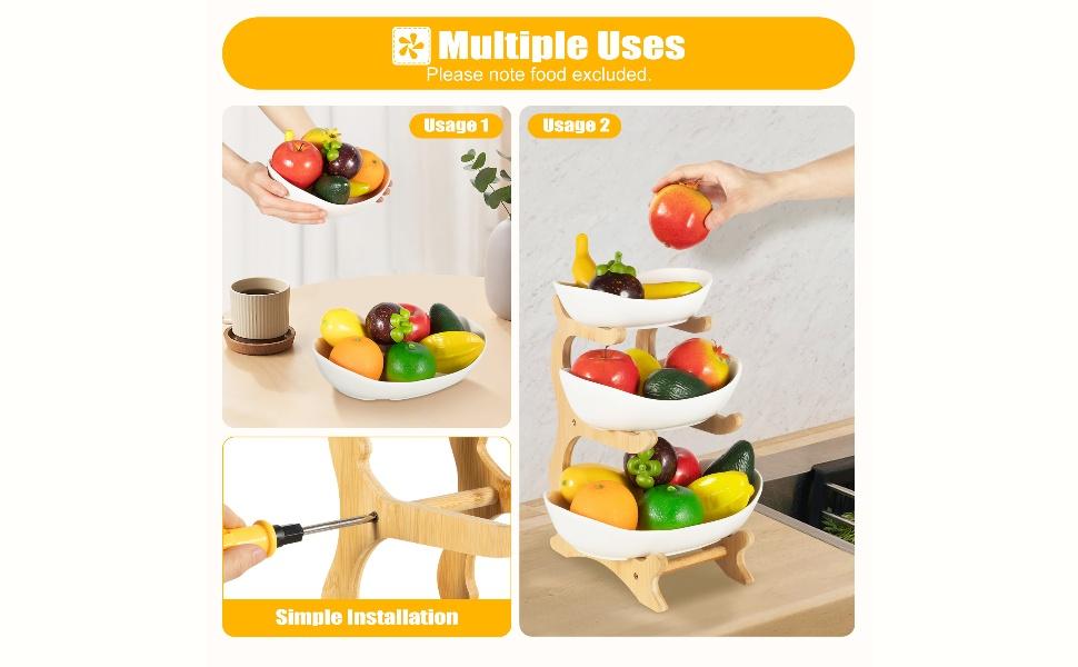 Bakul Buah Seramik, CARHOMECROP, 3 Tingkat, Rak Warna Pepejal Elegan, dengan Pendirian Kayu Buluh, untuk Kaunter Dapur