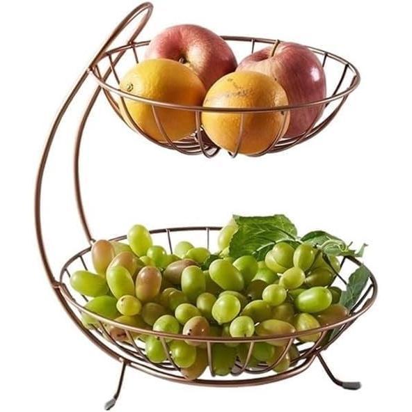 Bakul Buah, CARHOMECROP, 2 Tingkat, Pemegang Penyimpanan Logam Bergaya, untuk Meja Dapur dan Meja Makan