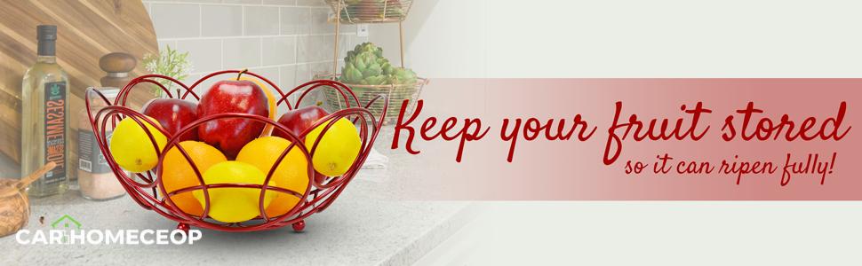Bakul Buah Bulat, CARHOMECROP, Mangkuk Merah Berkilat Hiasan, untuk Kaunter Dapur, Diameter 10.38-Inci