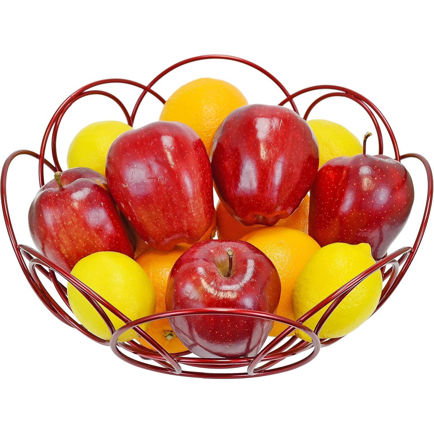 Bakul Buah Bulat, CARHOMECROP, Mangkuk Merah Berkilat Hiasan, untuk Kaunter Dapur, Diameter 10.38-Inci